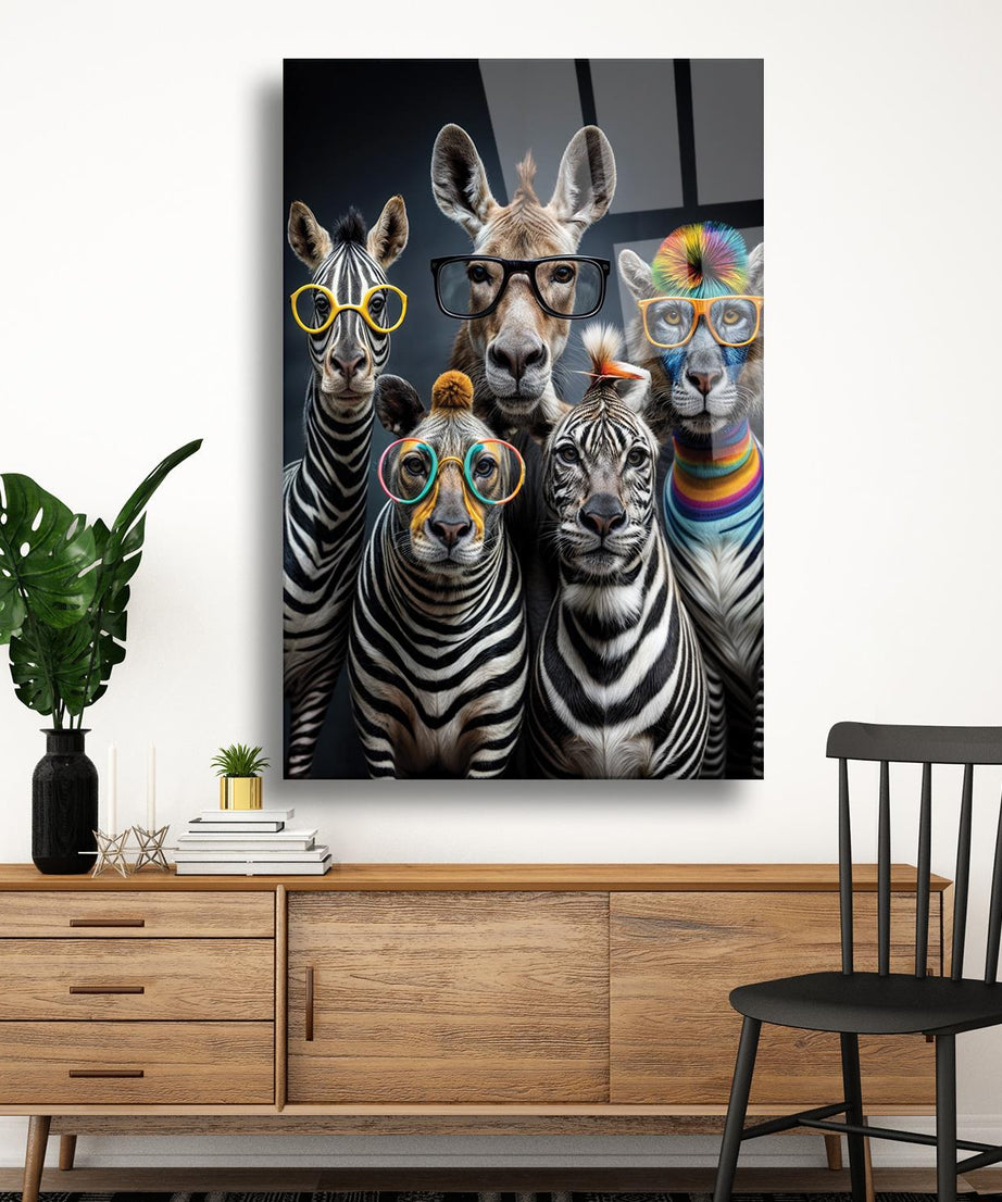 Gözlüklü Zebralar Temalı Dayanıklı Cam Tablo