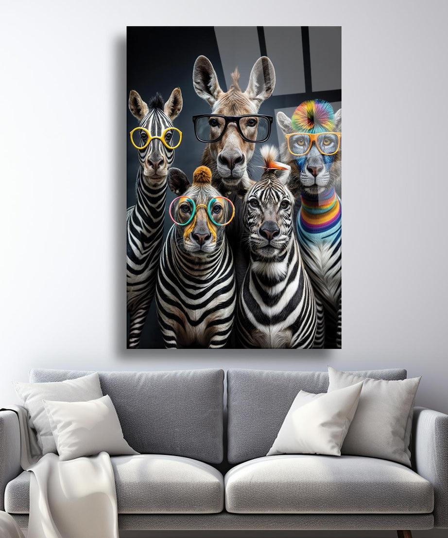 Gözlüklü Zebralar Temalı Dayanıklı Cam Tablo