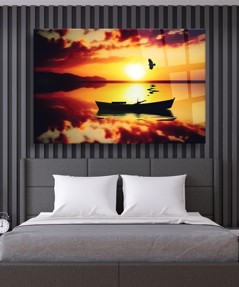 Günbatımı Kayık Temalı Cam Tablo
