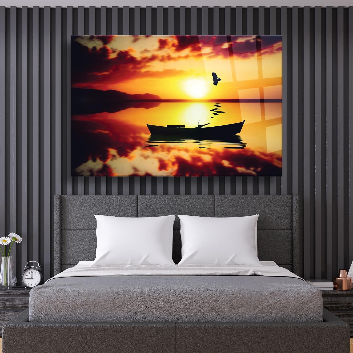 Günbatımı Kayık Temalı Cam Tablo