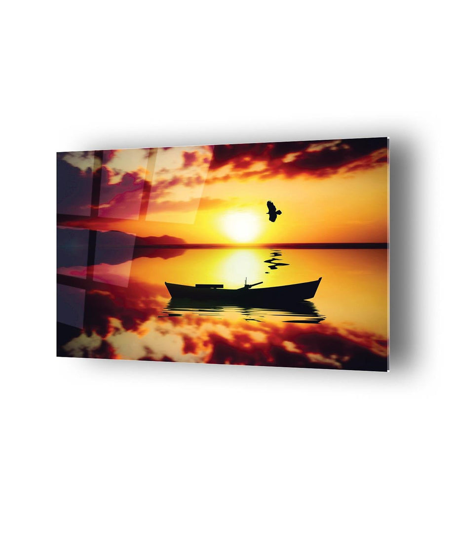Günbatımı Kayık Temalı Cam Tablo