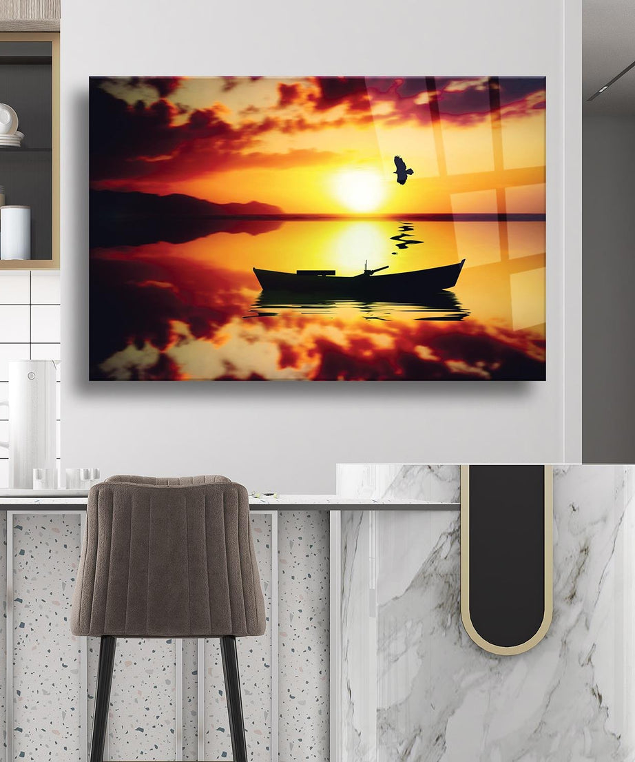 Günbatımı Kayık Temalı Cam Tablo