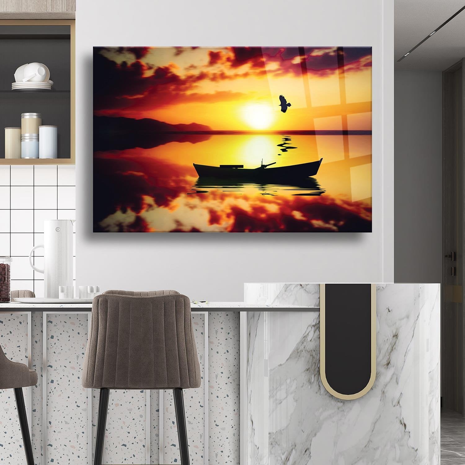 Günbatımı Kayık Temalı Cam Tablo