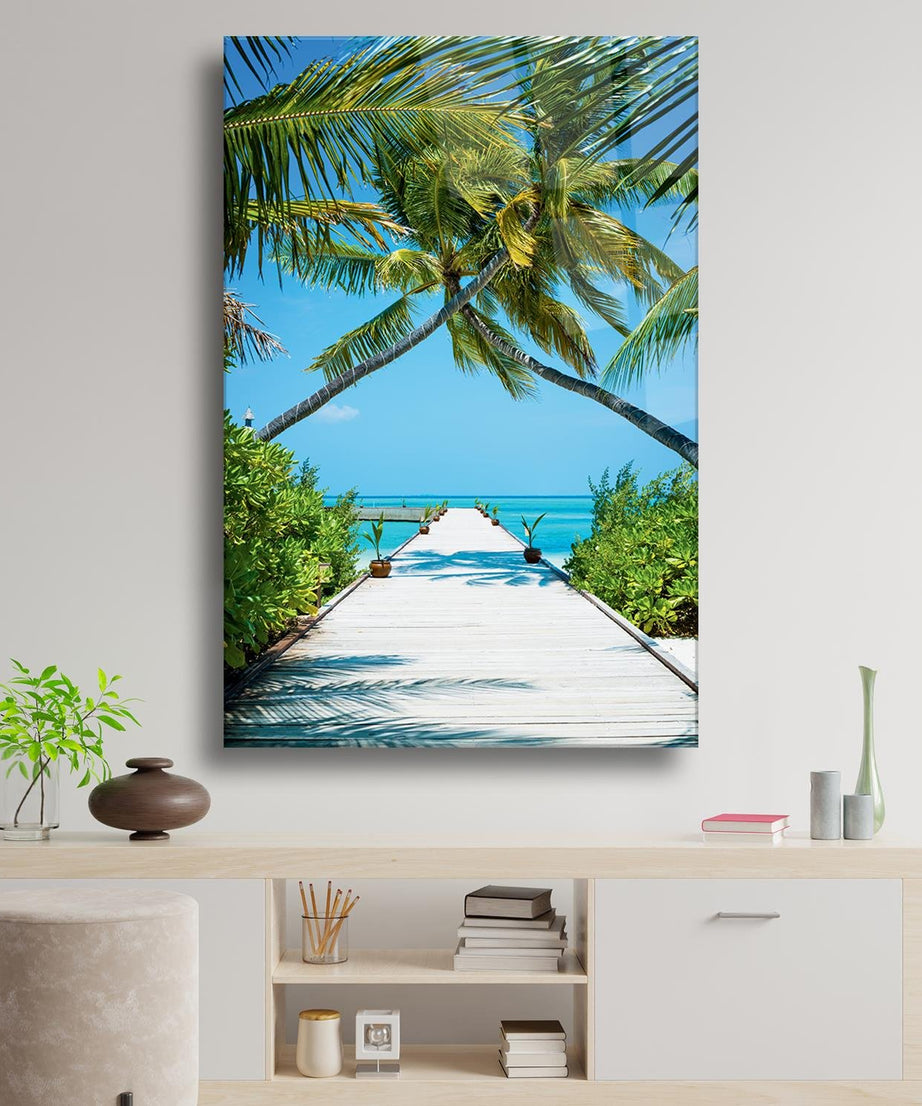 İskele Ve Palmiye Temalı Cam Tablo