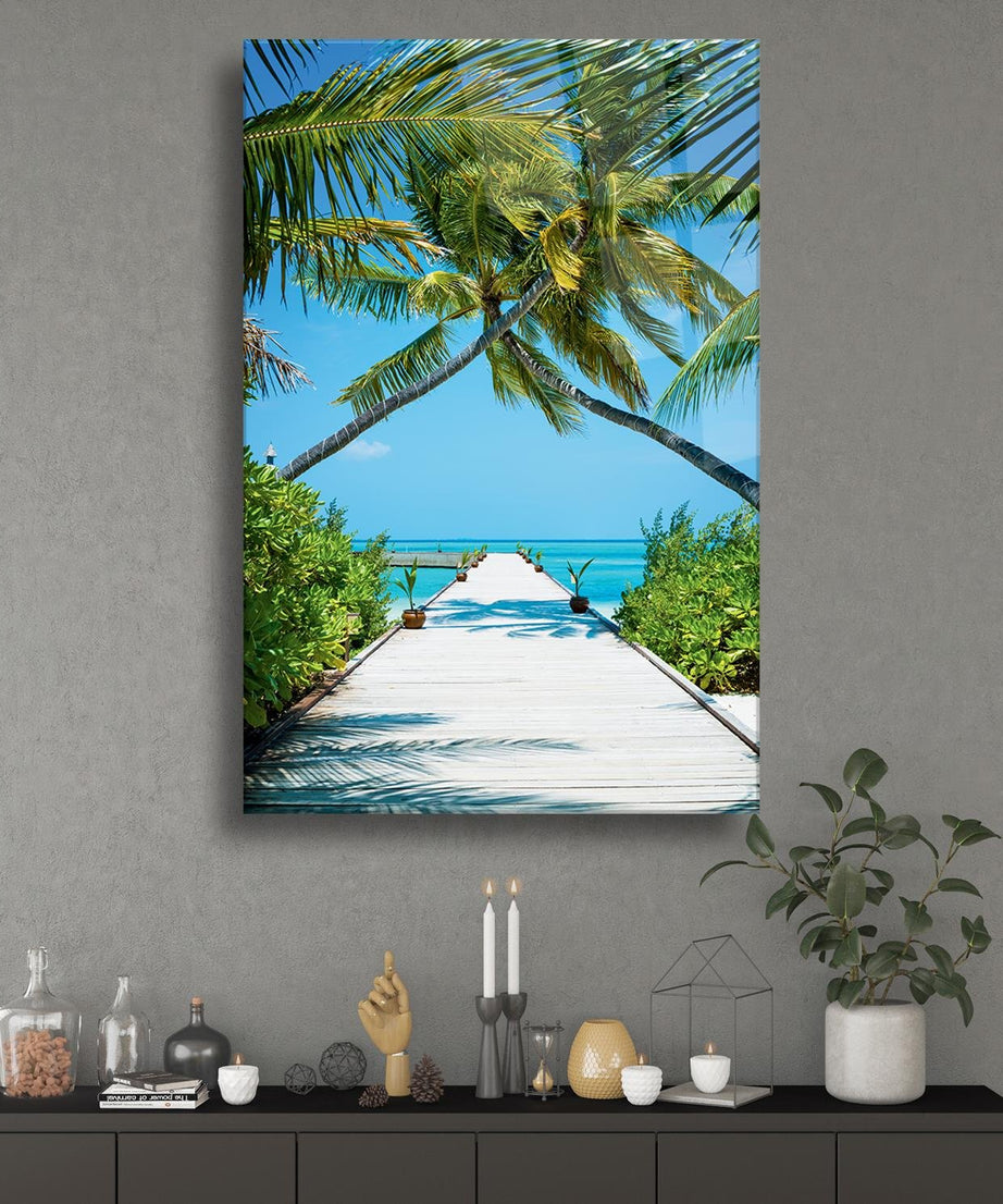 İskele Ve Palmiye Temalı Cam Tablo