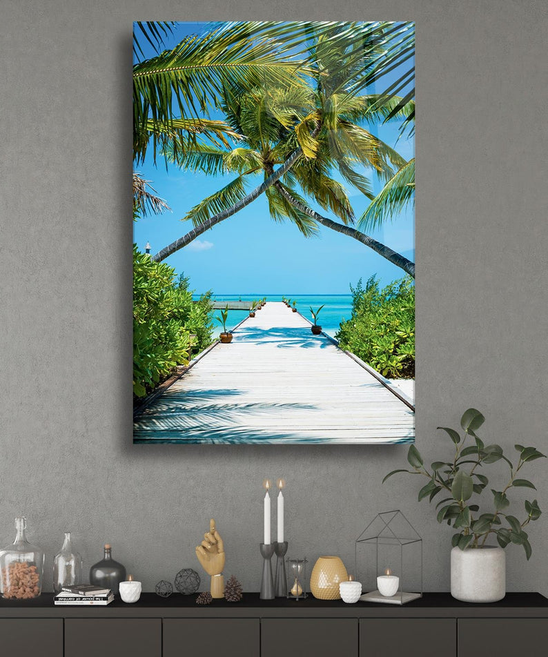 İskele Ve Palmiye Temalı Cam Tablo