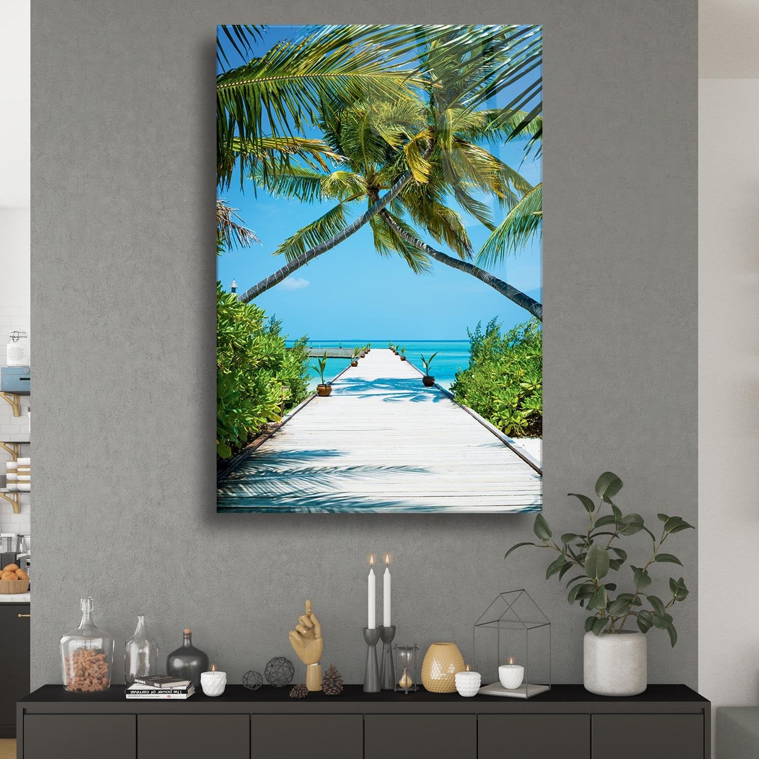 İskele Ve Palmiye Temalı Cam Tablo