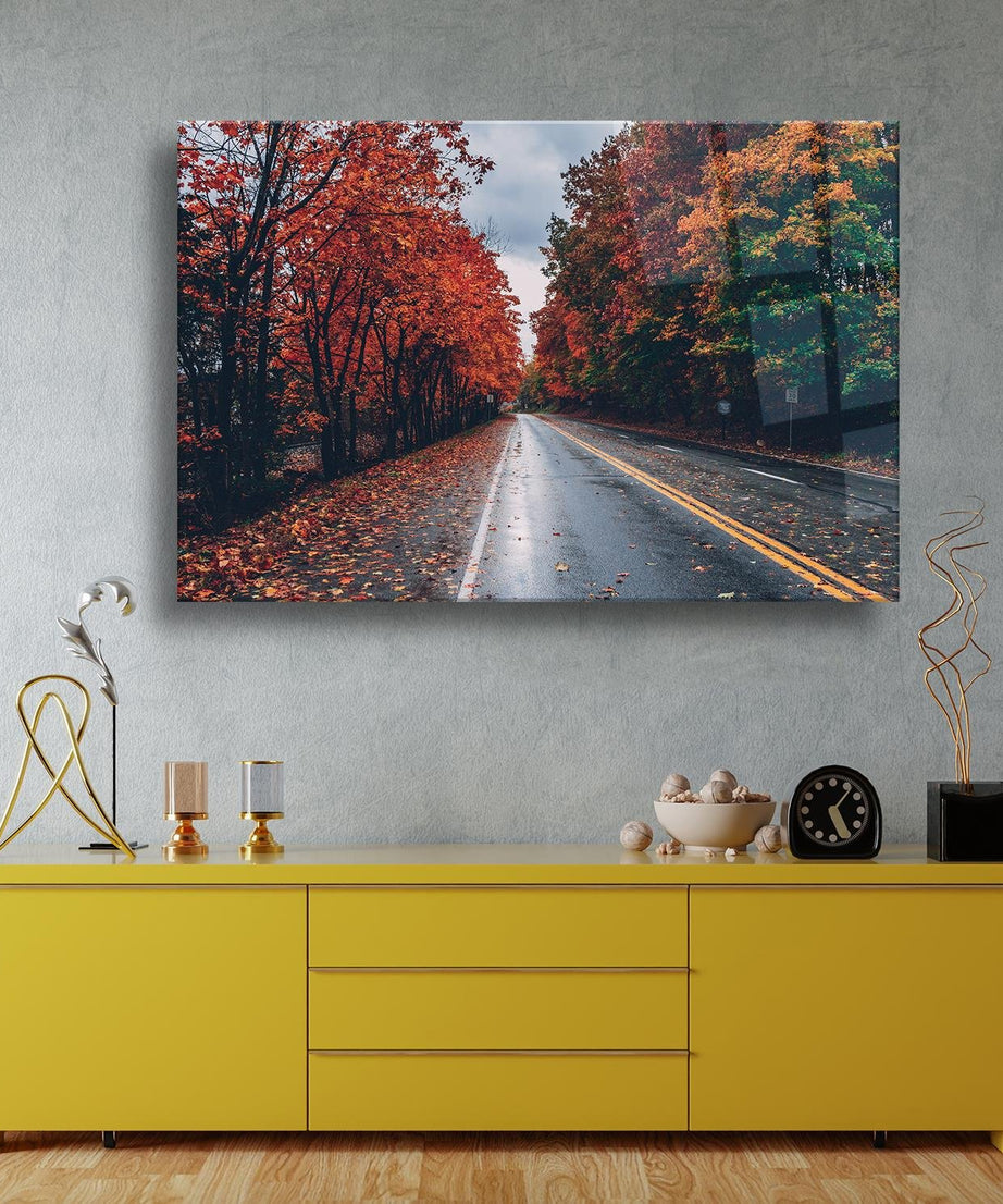 Kızıl Ağaçlı Yol Temalı Cam Tablo