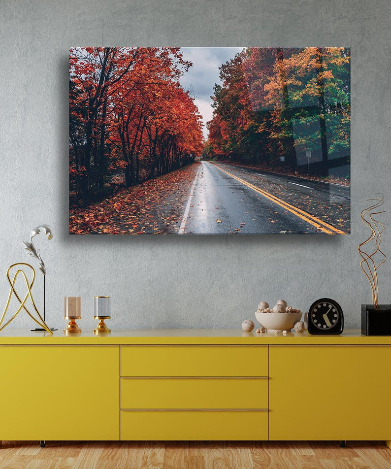 Kızıl Ağaçlı Yol Temalı Cam Tablo