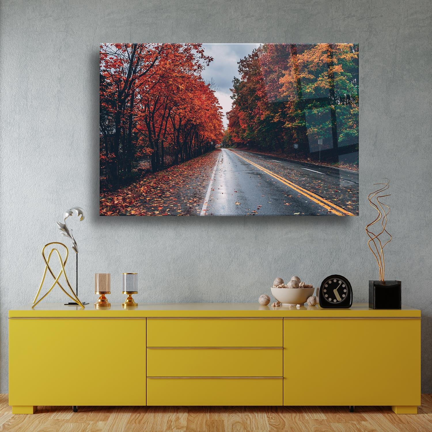 Kızıl Ağaçlı Yol Temalı Cam Tablo