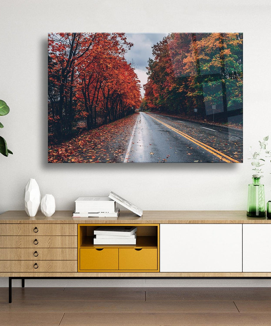 Kızıl Ağaçlı Yol Temalı Cam Tablo