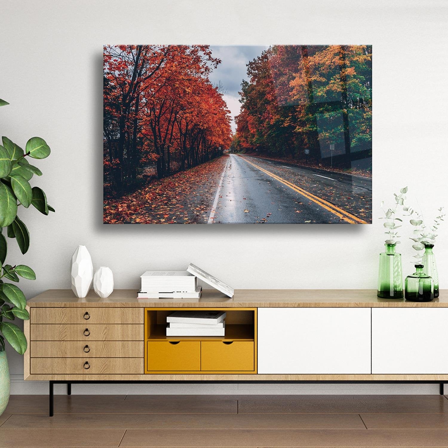 Kızıl Ağaçlı Yol Temalı Cam Tablo