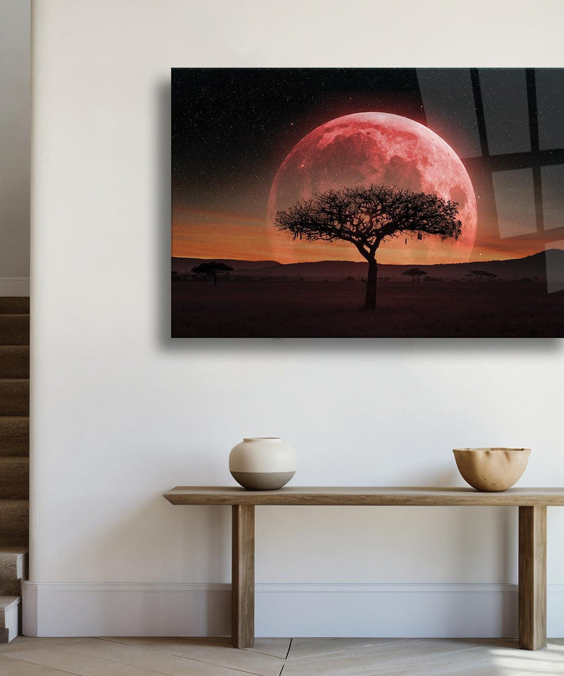 Kızıl Ay Önü Kuru Ağaç Temalı Cam Tablo