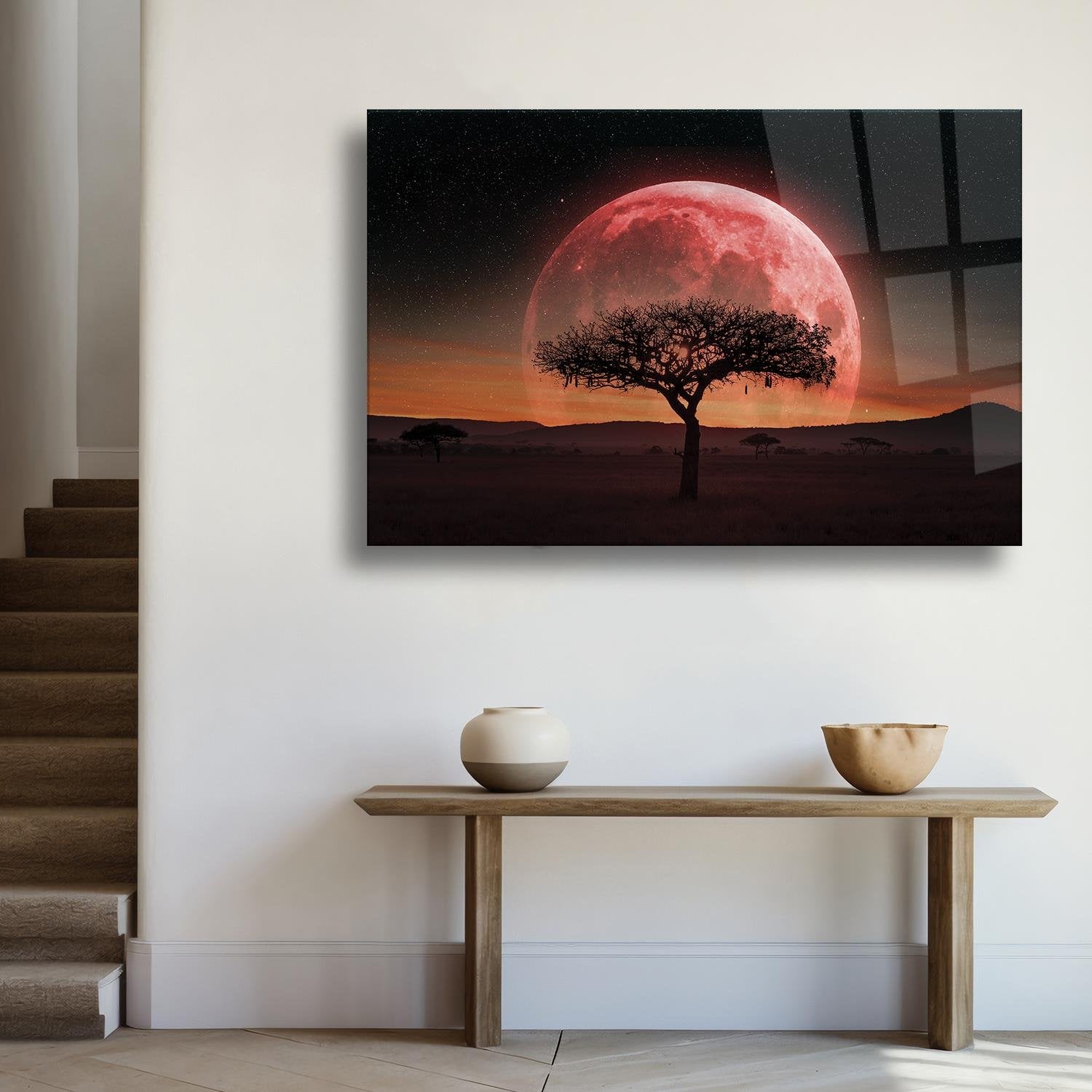 Kızıl Ay Önü Kuru Ağaç Temalı Cam Tablo