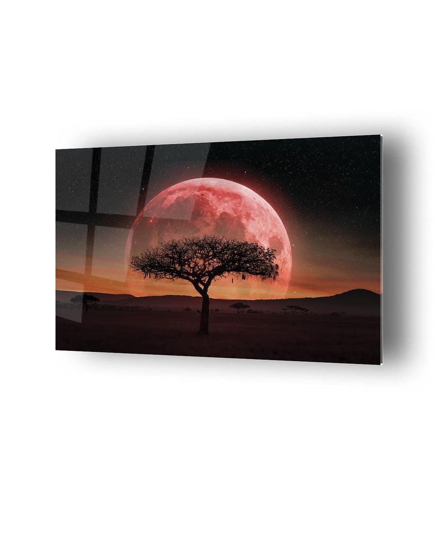 Kızıl Ay Önü Kuru Ağaç Temalı Cam Tablo