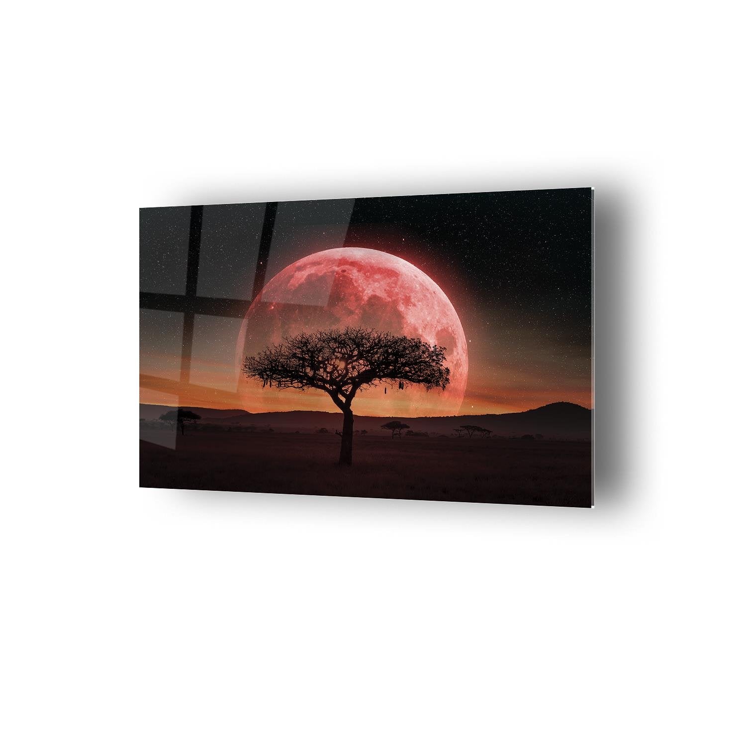 Kızıl Ay Önü Kuru Ağaç Temalı Cam Tablo