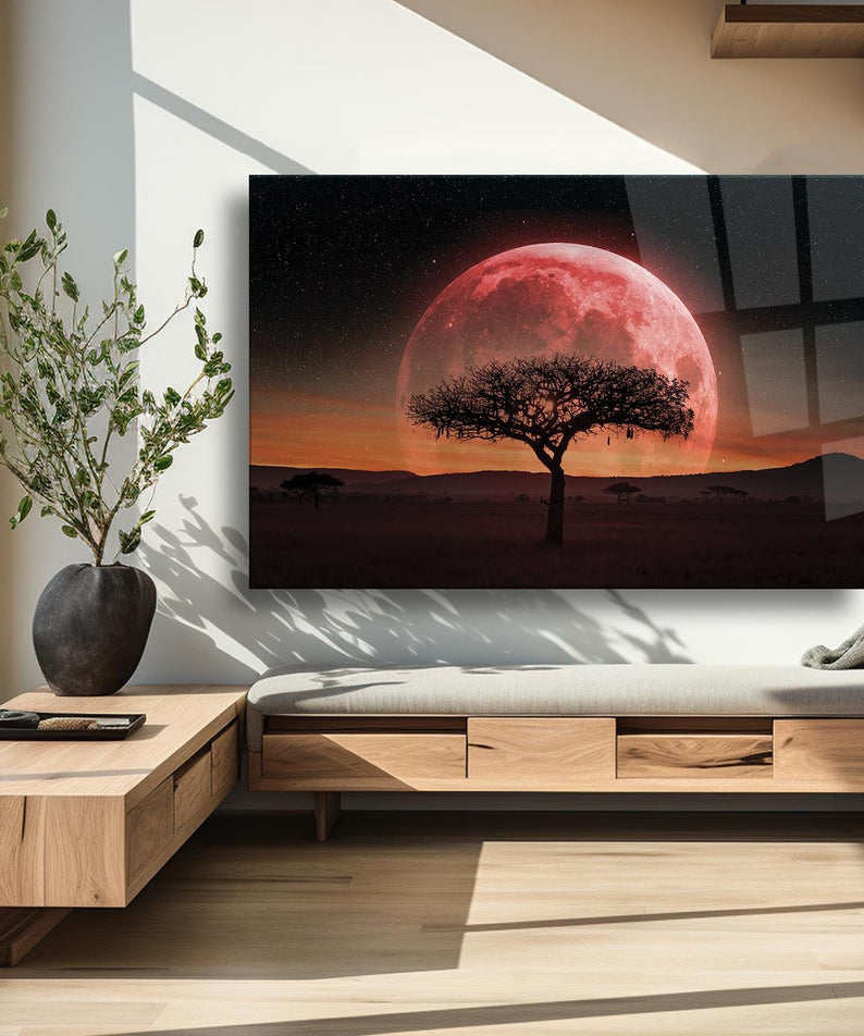 Kızıl Ay Önü Kuru Ağaç Temalı Cam Tablo