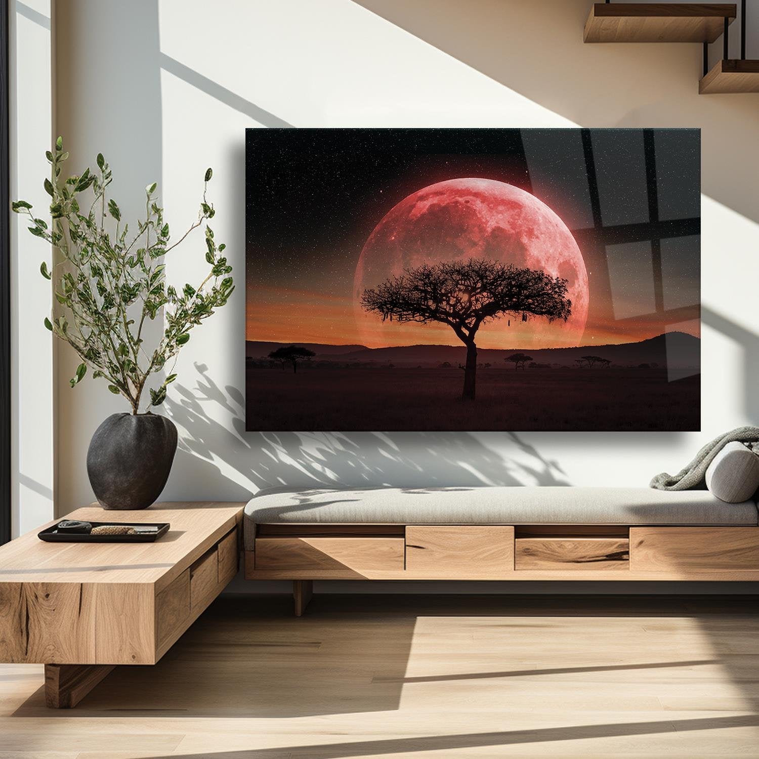 Kızıl Ay Önü Kuru Ağaç Temalı Cam Tablo