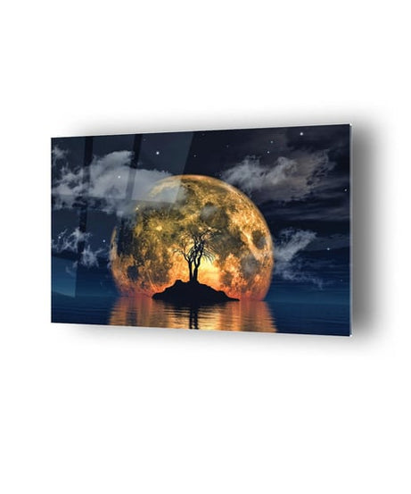 Kuru Ağaç Önü Ay Temalı Cam Tablo