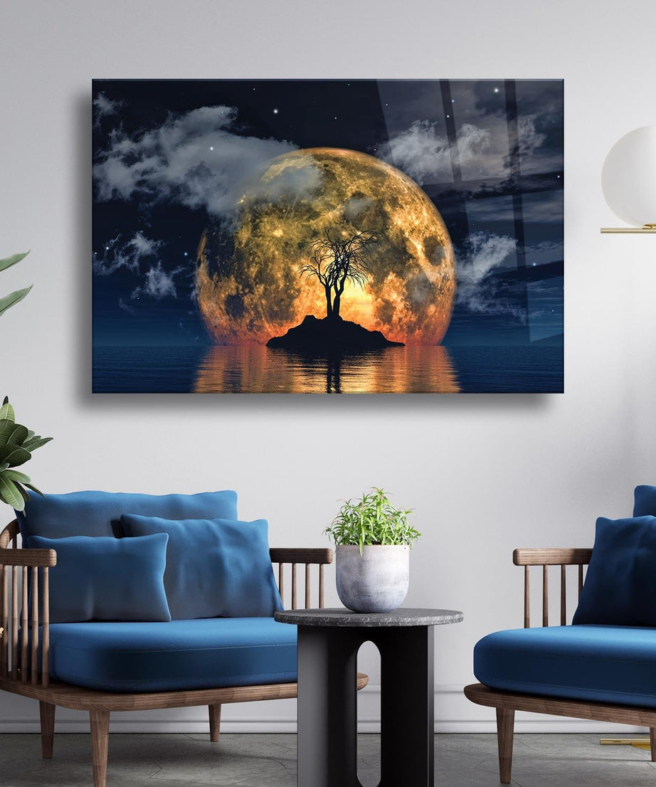 Kuru Ağaç Önü Ay Temalı Cam Tablo