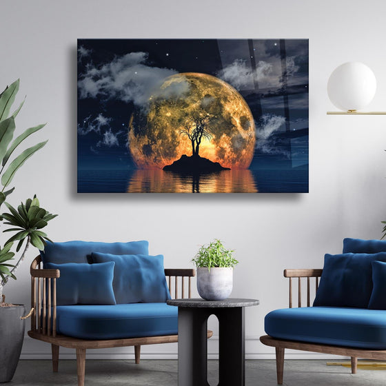 Kuru Ağaç Önü Ay Temalı Cam Tablo