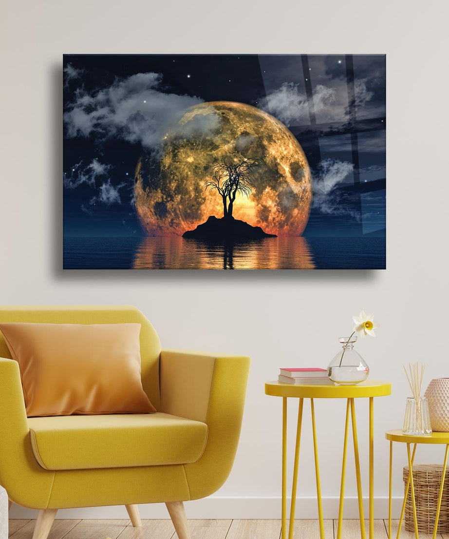 Kuru Ağaç Önü Ay Temalı Cam Tablo