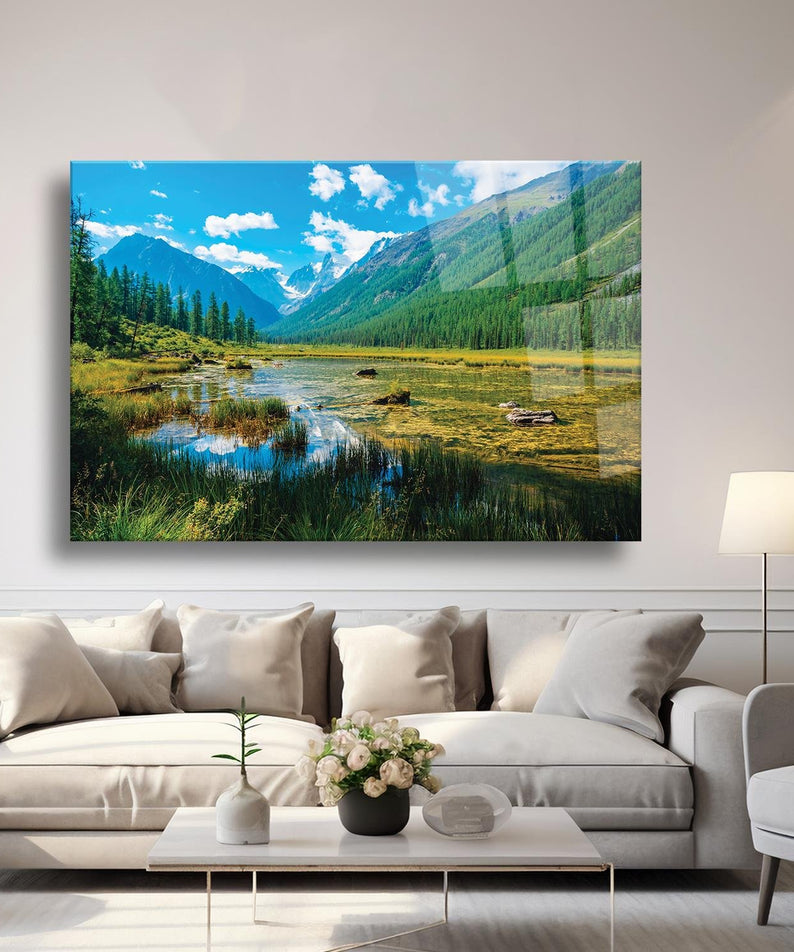 Manzara Orman Ve Nehir Temalı Cam Tablo