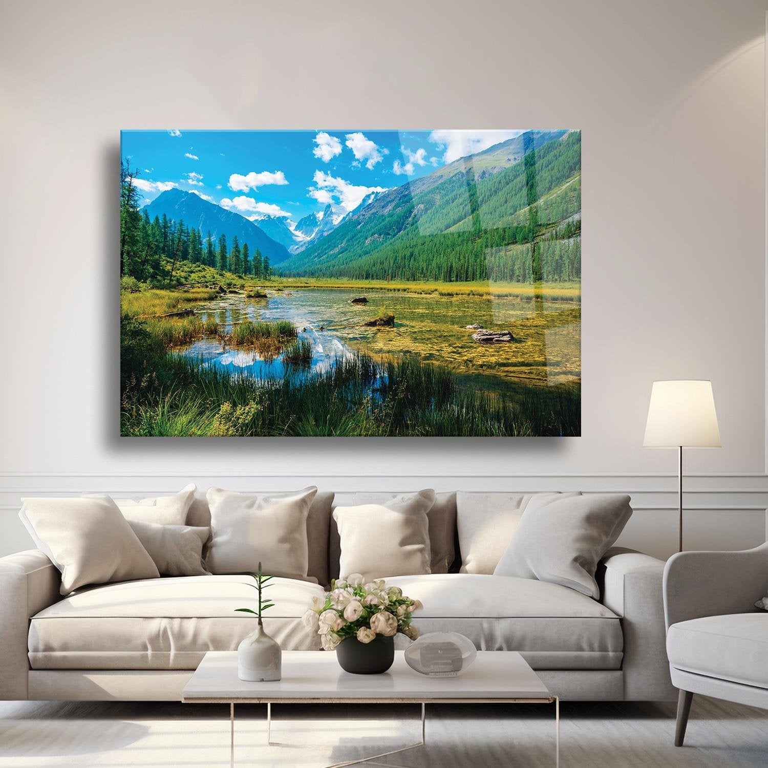 Manzara Orman Ve Nehir Temalı Cam Tablo