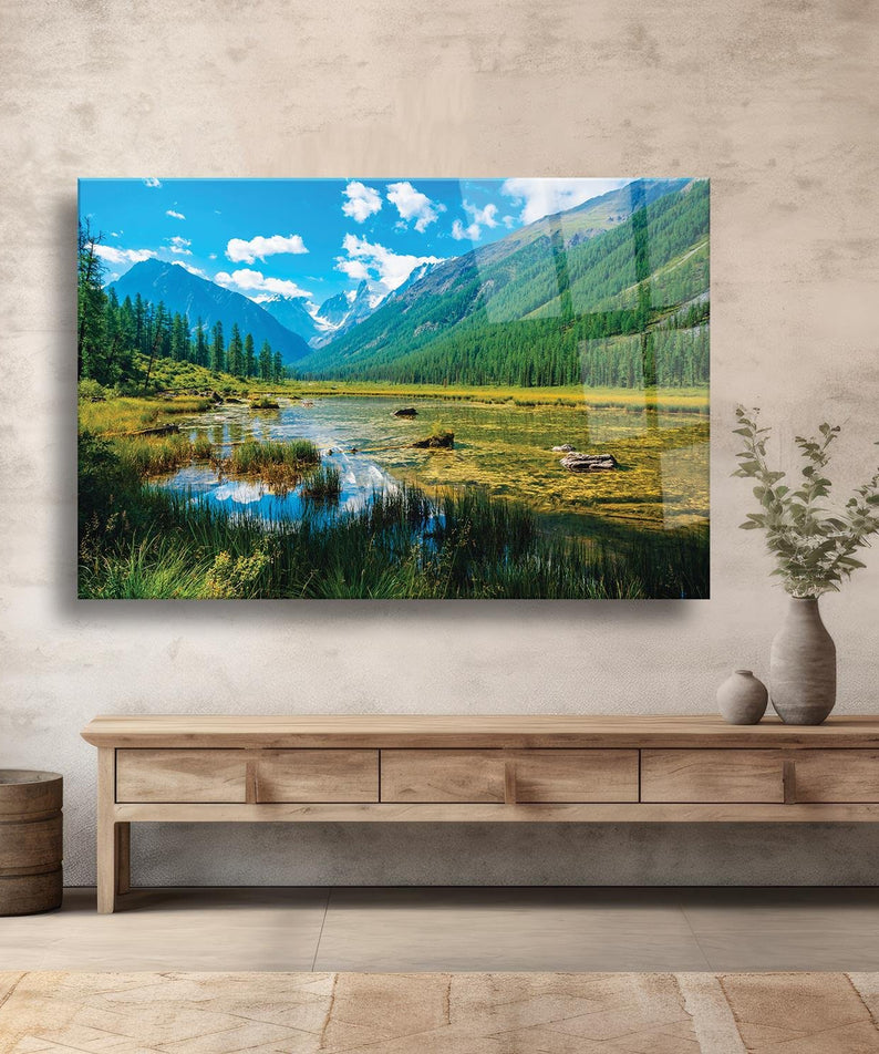 Manzara Orman Ve Nehir Temalı Cam Tablo