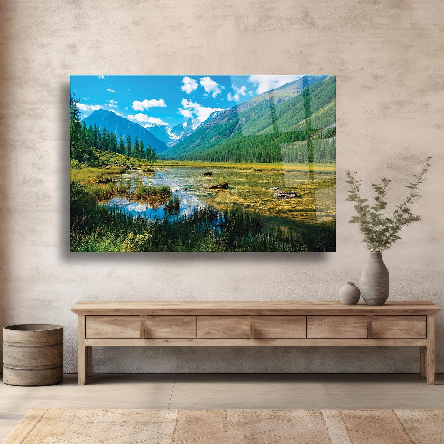 Manzara Orman Ve Nehir Temalı Cam Tablo