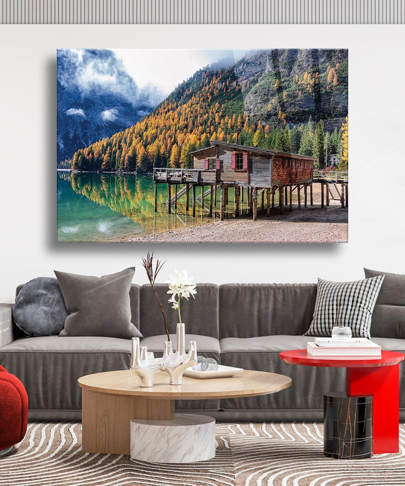 Manzaralı Ahşap Ev Temalı Cam Tablo