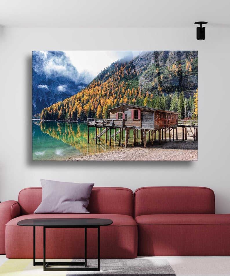 Manzaralı Ahşap Ev Temalı Cam Tablo