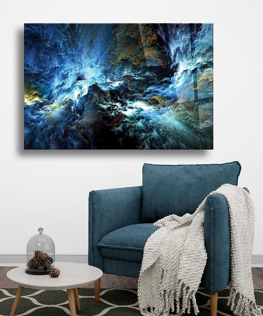 Mavi Dalgalar Temalı Dayanıklı Cam Tablo