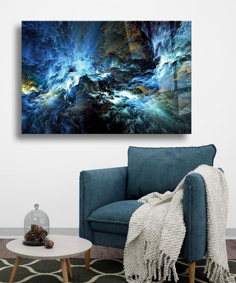 Mavi Dalgalar Temalı Dayanıklı Cam Tablo