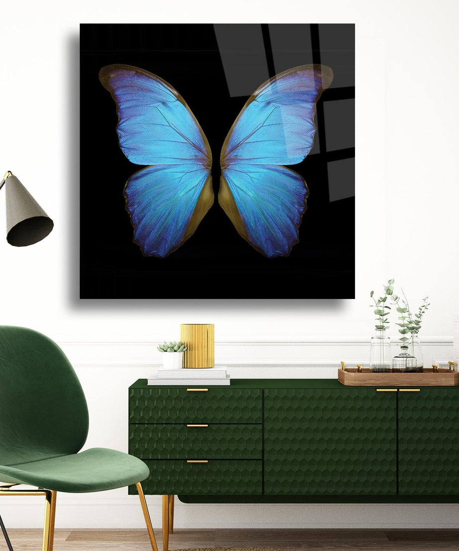 Mavi Kelebek Temalı Cam Tablo