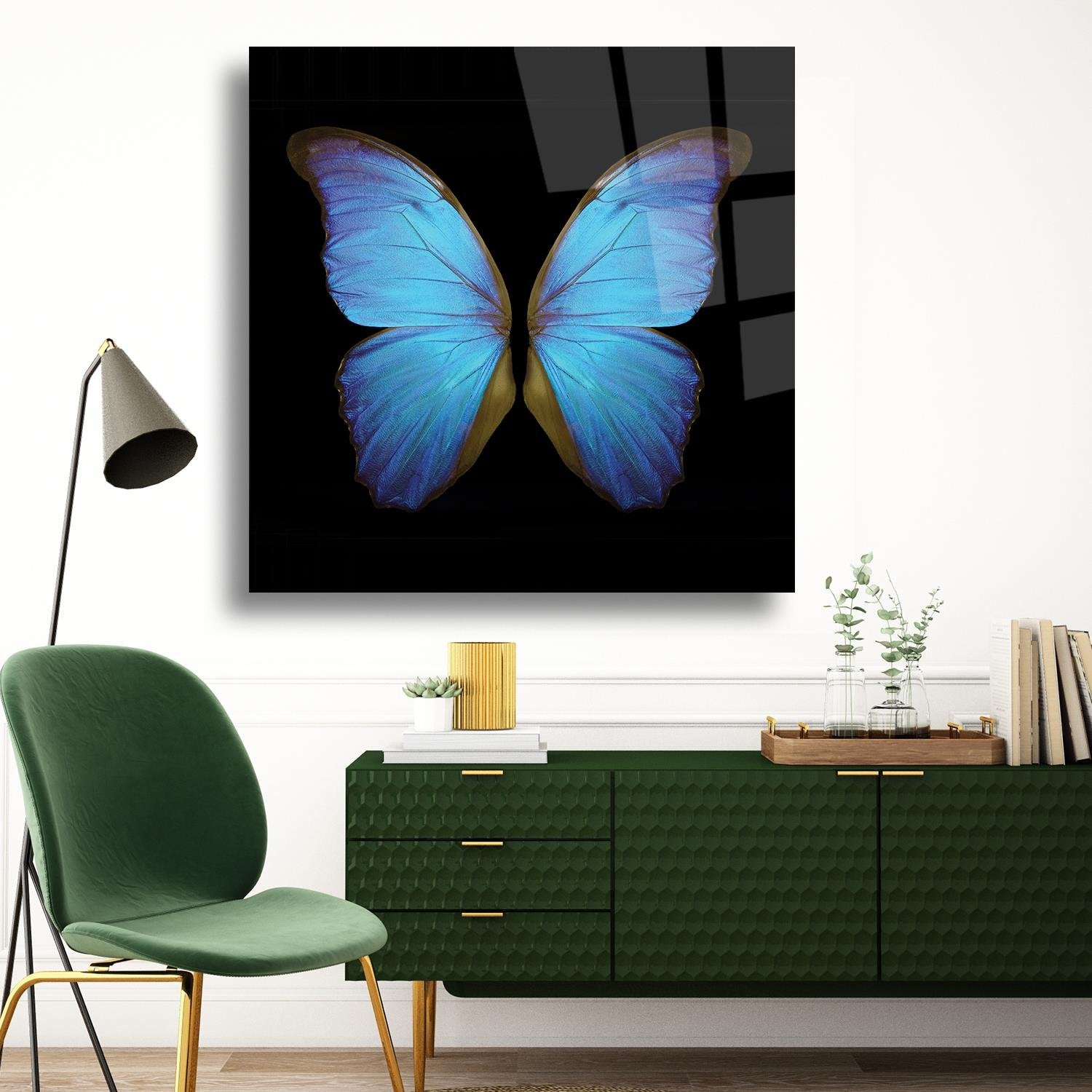 Mavi Kelebek Temalı Cam Tablo