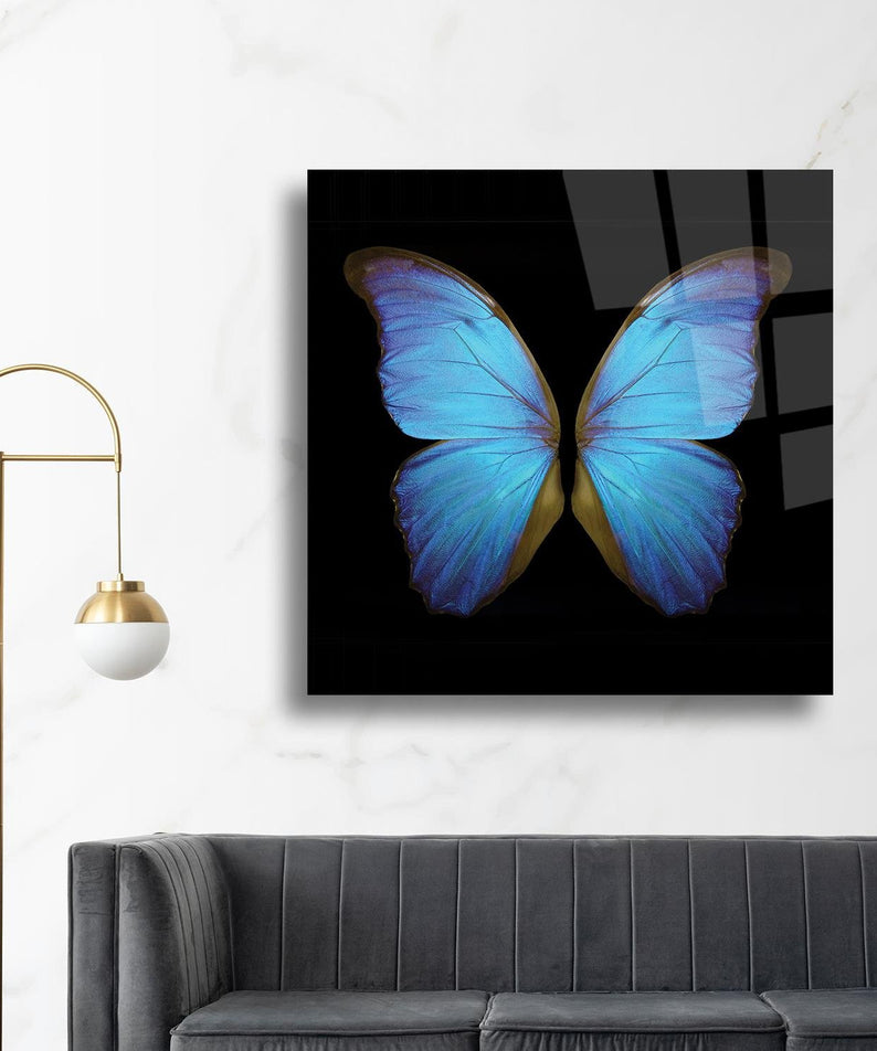 Mavi Kelebek Temalı Cam Tablo
