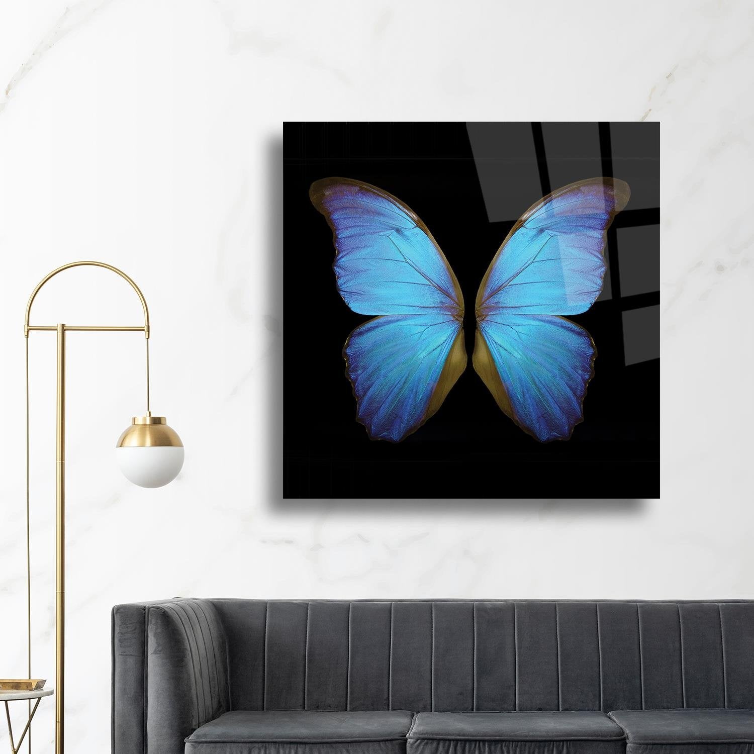 Mavi Kelebek Temalı Cam Tablo