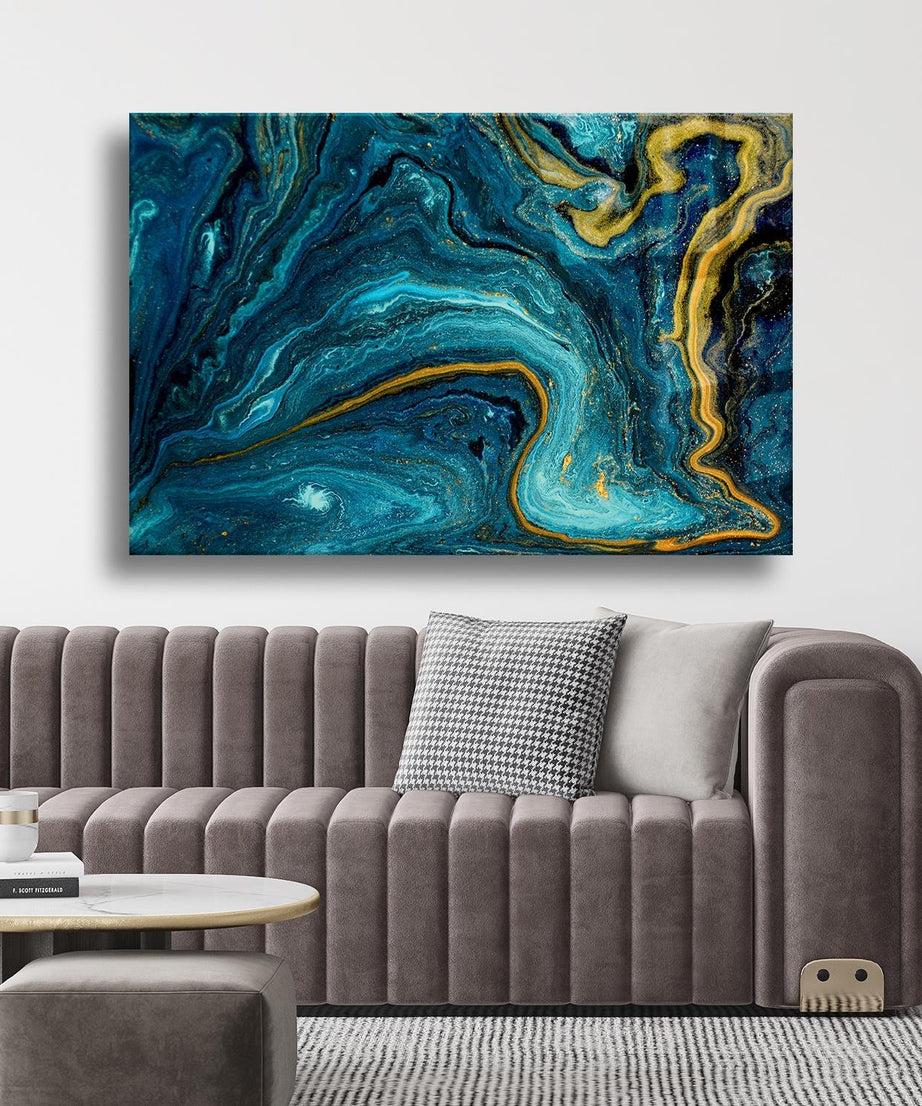 Mavi Ve Gold Renk Tonları Cam Tablo