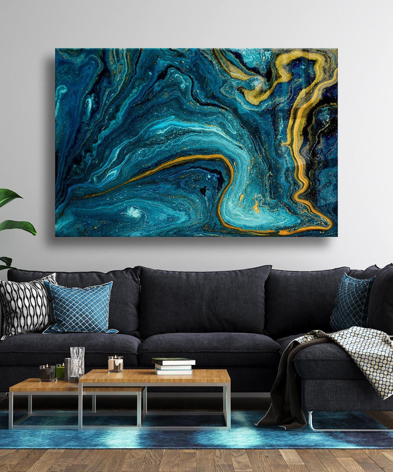 Mavi Ve Gold Renk Tonları Cam Tablo