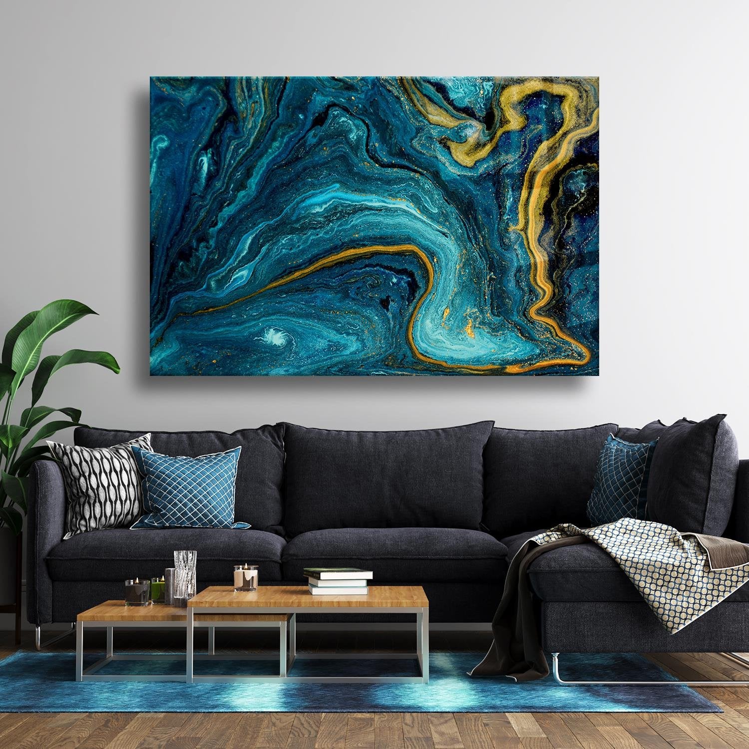 Mavi Ve Gold Renk Tonları Cam Tablo