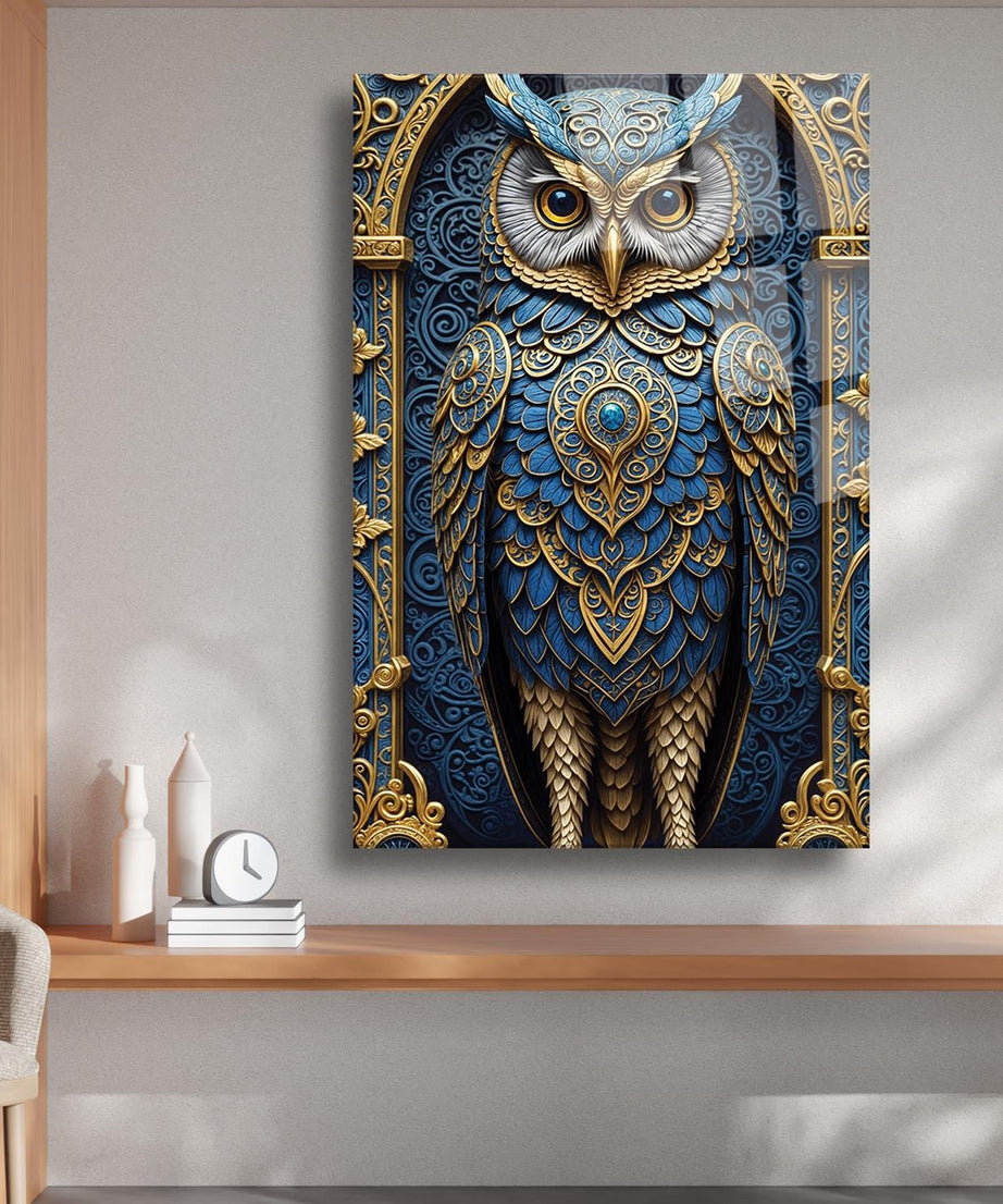 Mavi Ve Gold Temalı Baykuş Cam Tablo