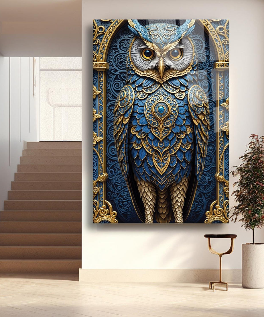 Mavi Ve Gold Temalı Baykuş Cam Tablo