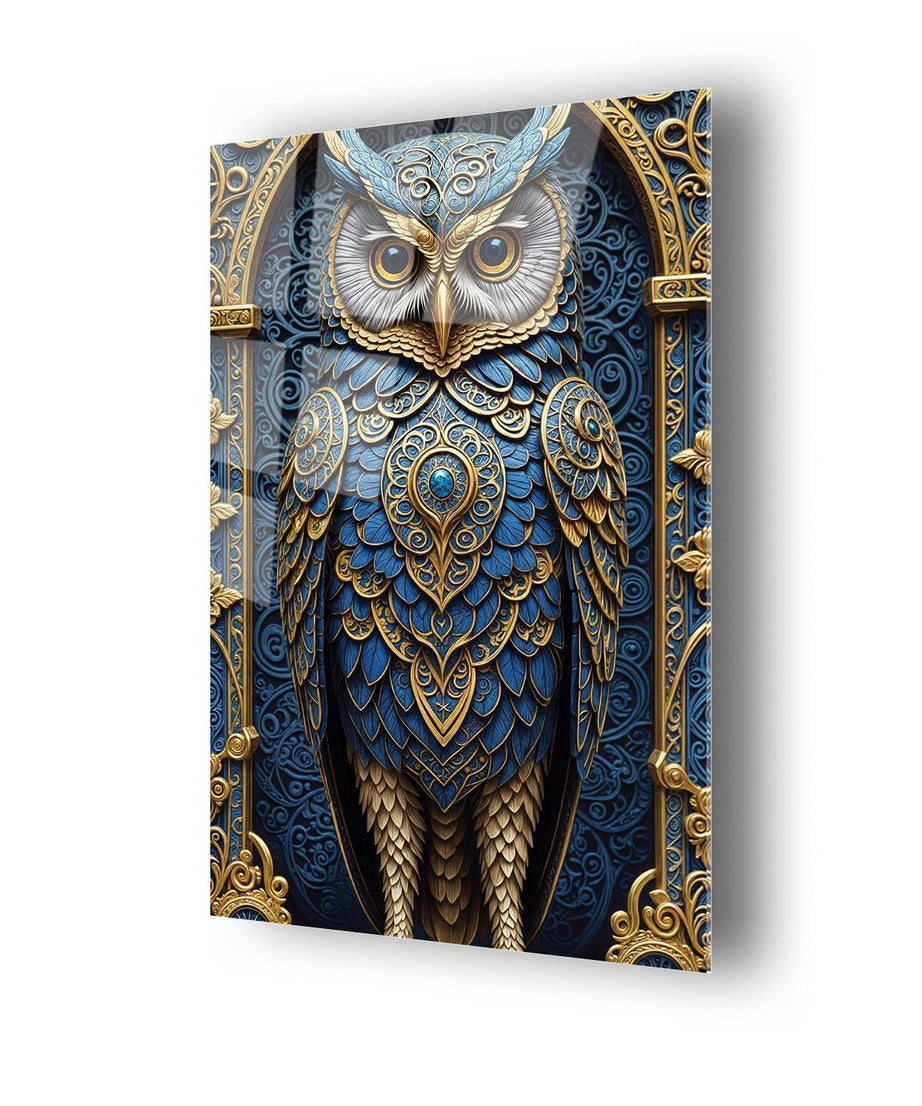 Mavi Ve Gold Temalı Baykuş Cam Tablo