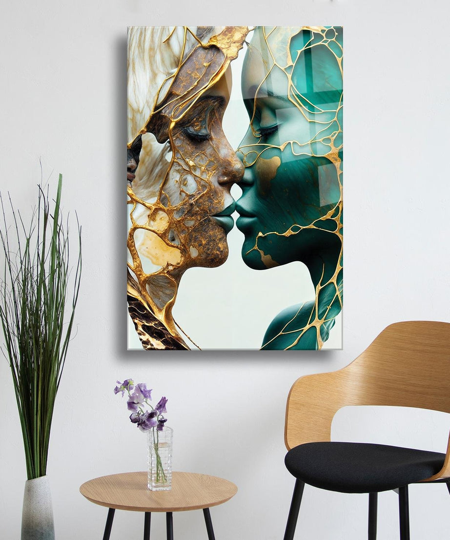 Mermer Desenli Gold Temalı Kadın Portresi Cam Tablo