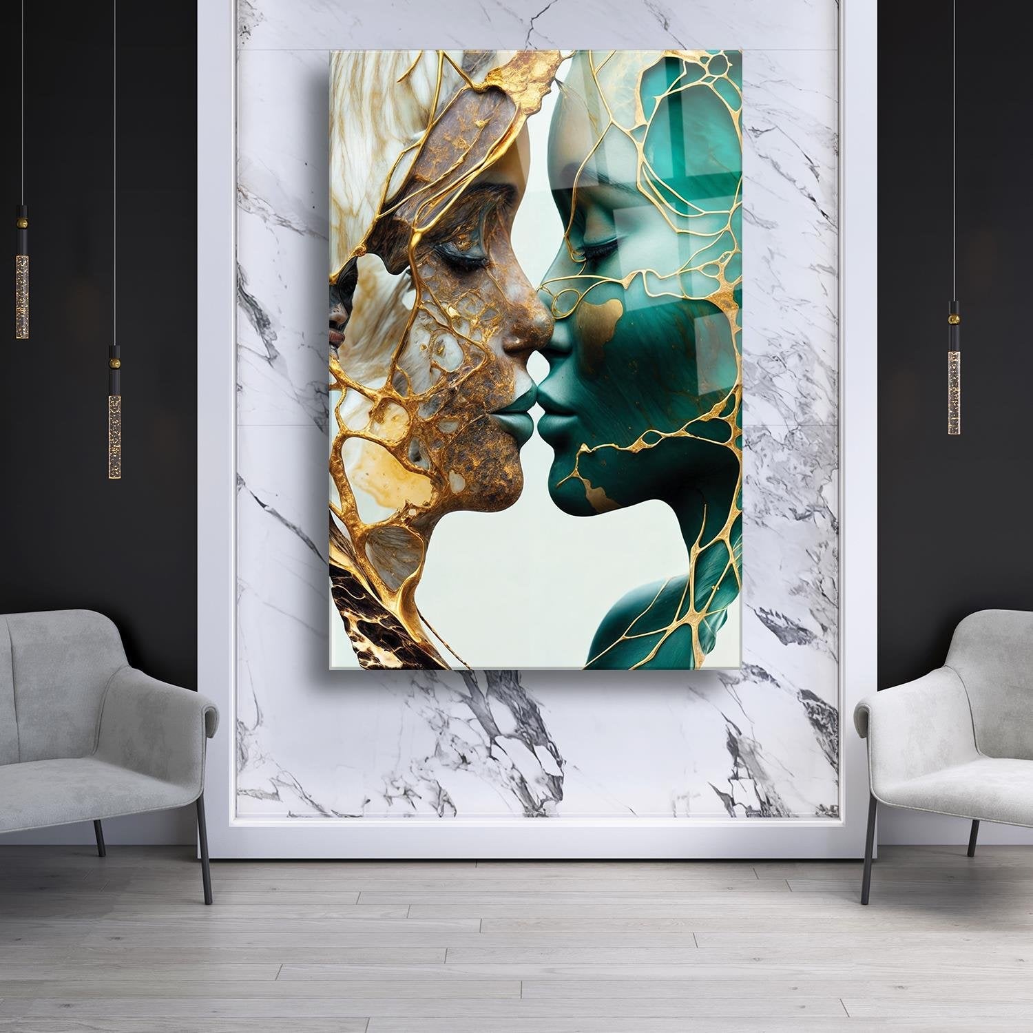 Mermer Desenli Gold Temalı Kadın Portresi Cam Tablo