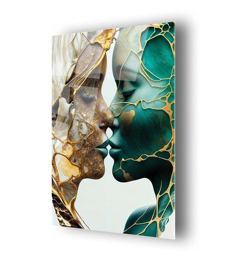 Mermer Desenli Gold Temalı Kadın Portresi Cam Tablo