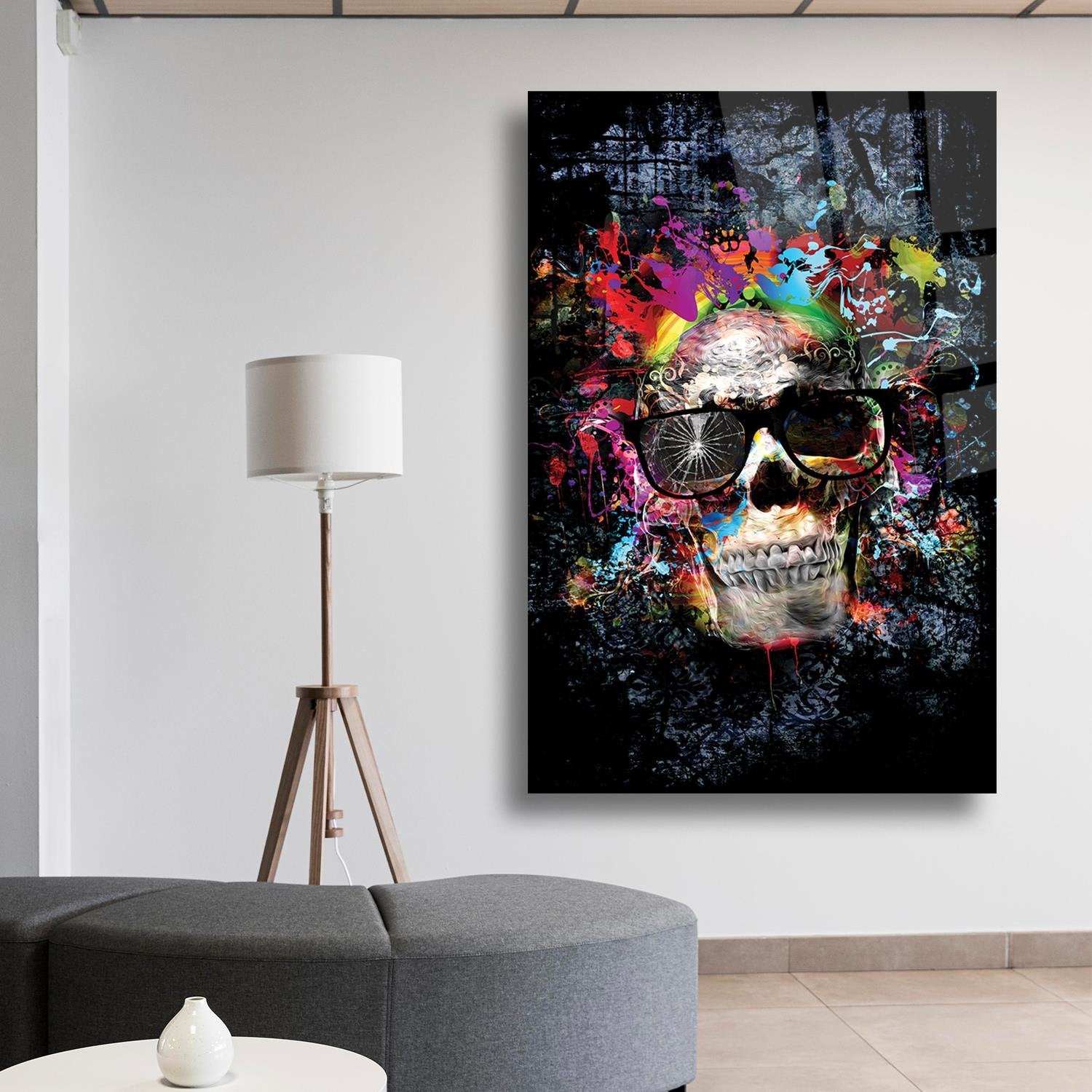 Modern Kurukafa Siyah Arka Fonlu Cam Tablo