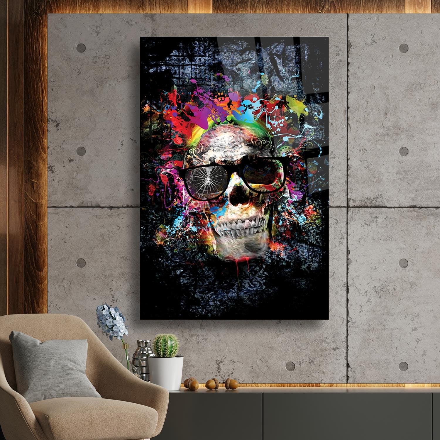 Modern Kurukafa Siyah Arka Fonlu Cam Tablo