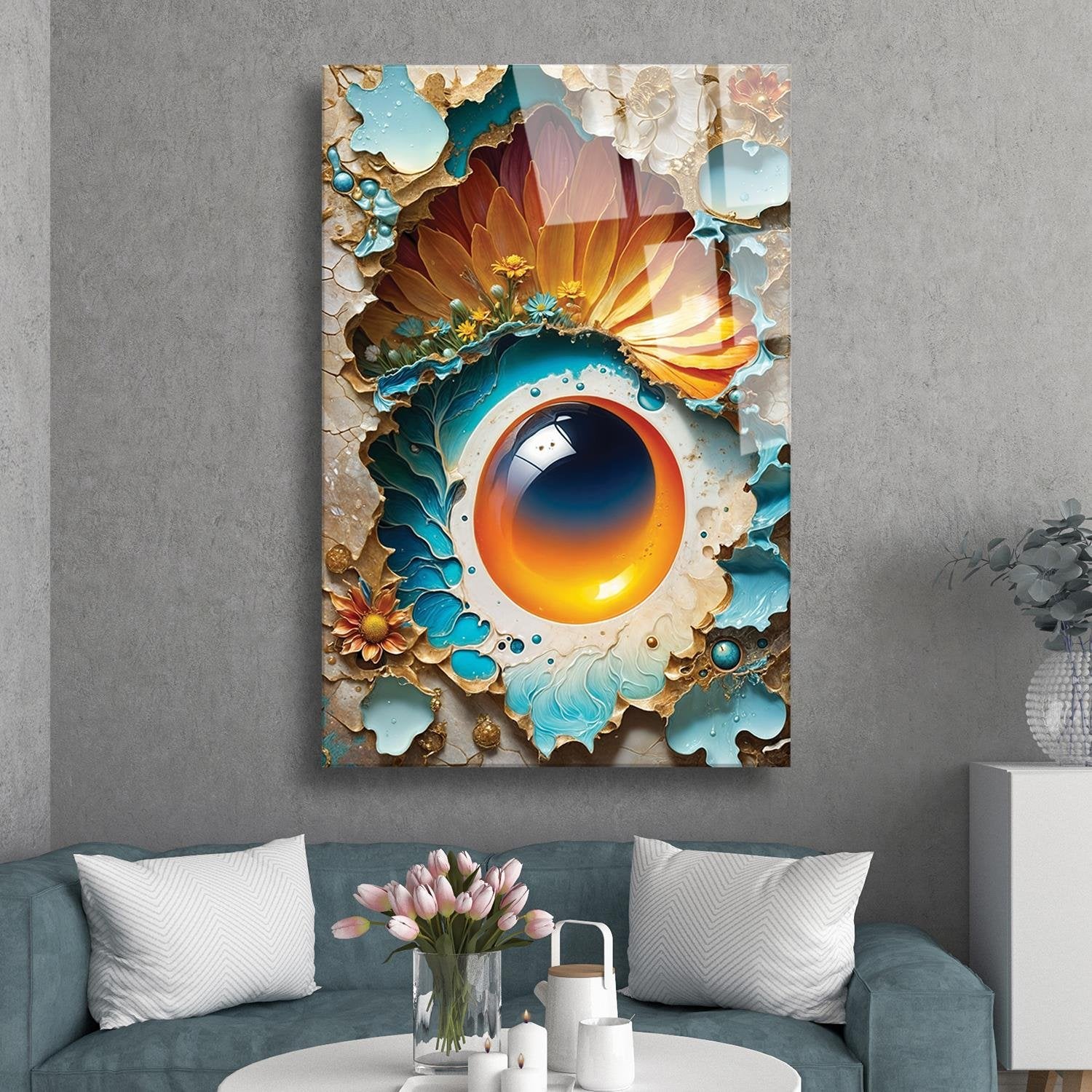 Modern Sanat Desenli Soft Renklerin Uyumu Cam Tablo